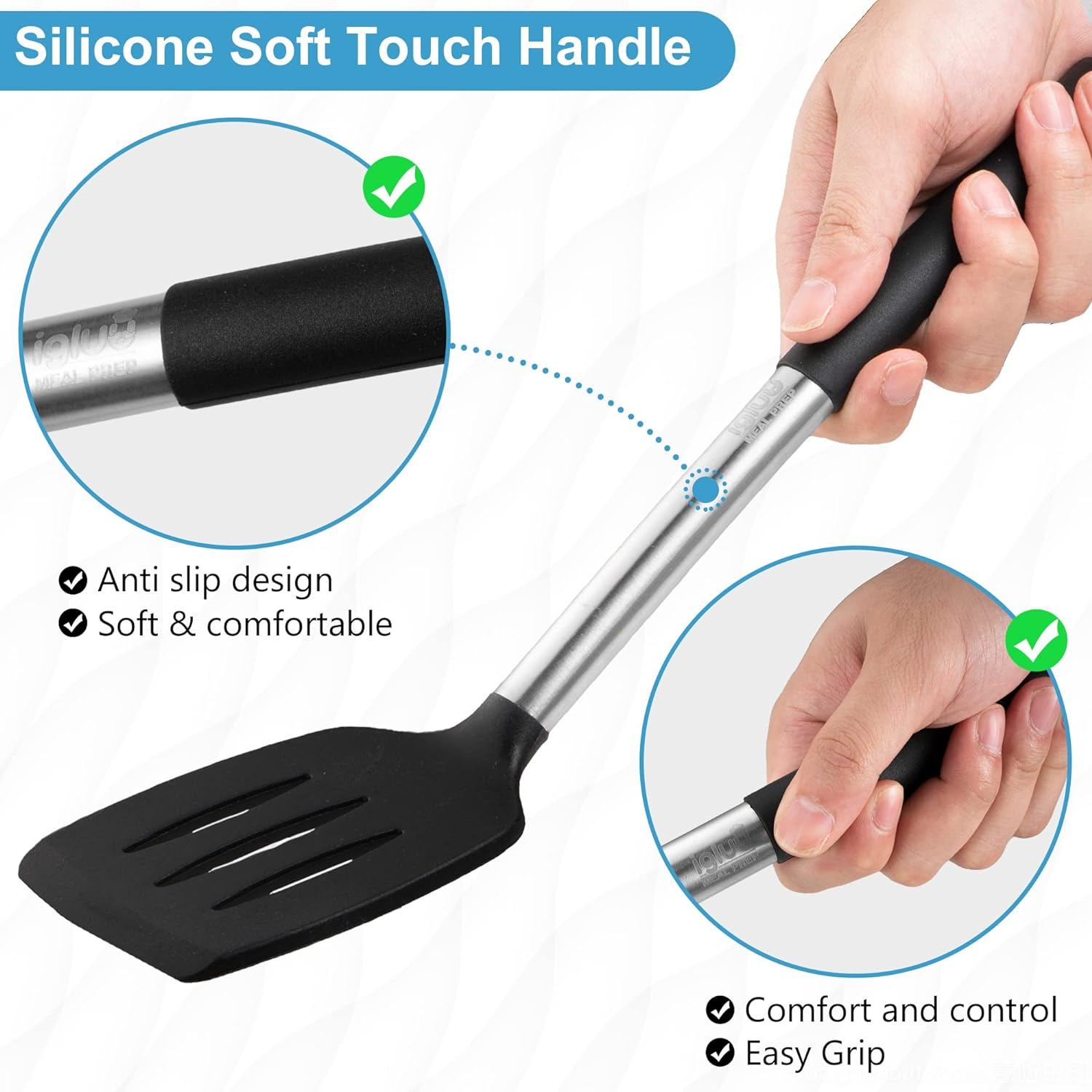 Igluu Meal Prep Black Silicone Slotted Turner Spatula Heat Resistant Non-Stick Soft Grip, Stainless Steel