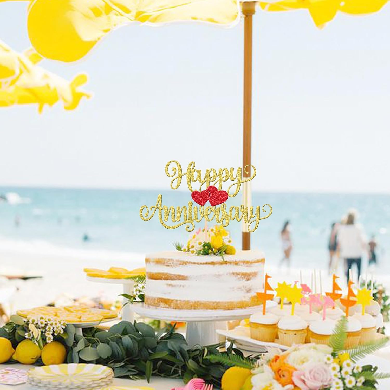 SYKYCTCY 1 Pack Happy Anniversary Cake Topper Glitter Heart Wedding Anniversary Cake Pick Wedding Anniversary Cake Decorations Kids Birthday Party Cake Decorations Supplies (Gold) - Gold image number 4