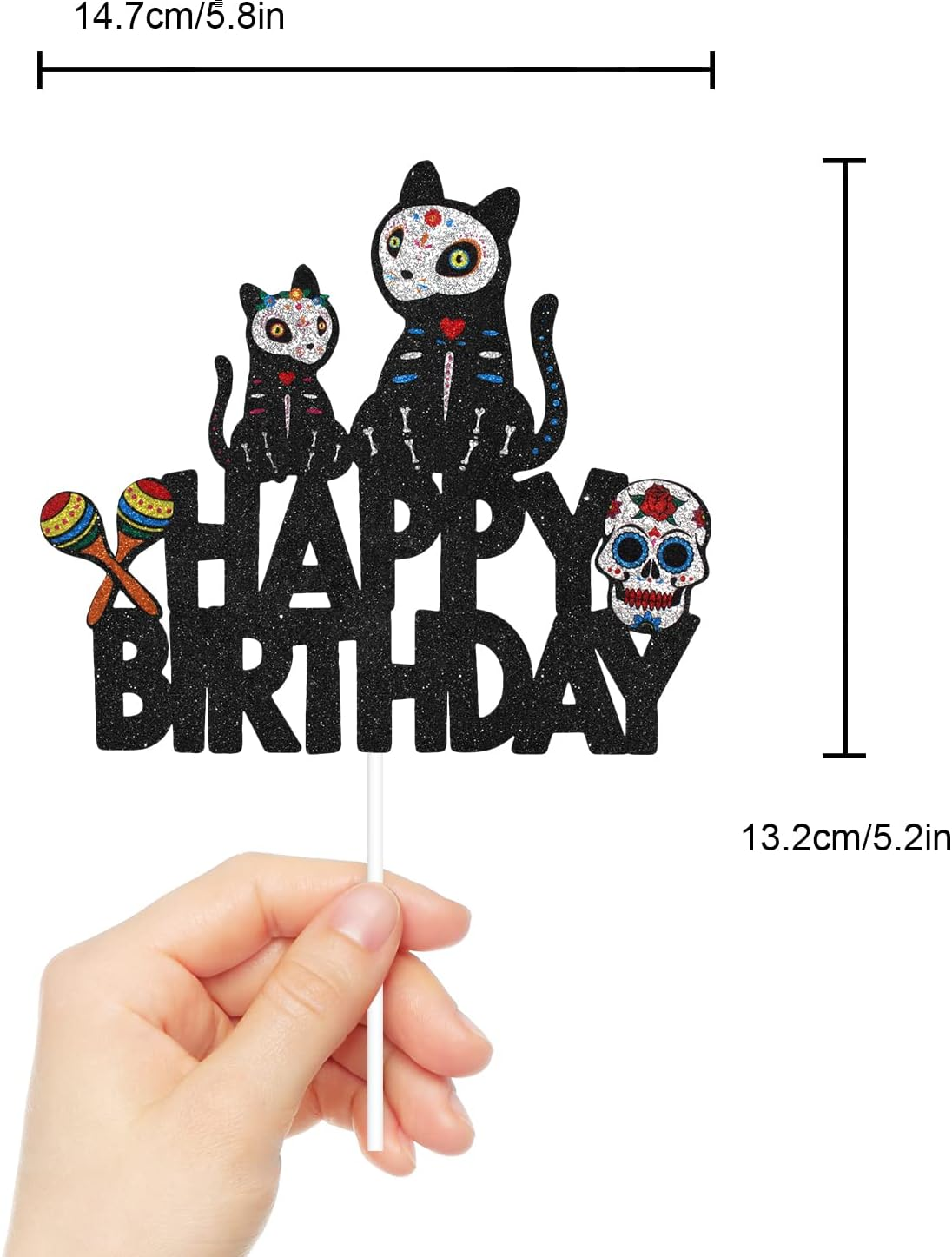Halloween Sugar Skull Cat Happy Birthday Cake Topper - Halloween Skeleton Day of the Death Cake Topper Supplies - Gothic Mr Mrs Wedding Party Decoration image number 6