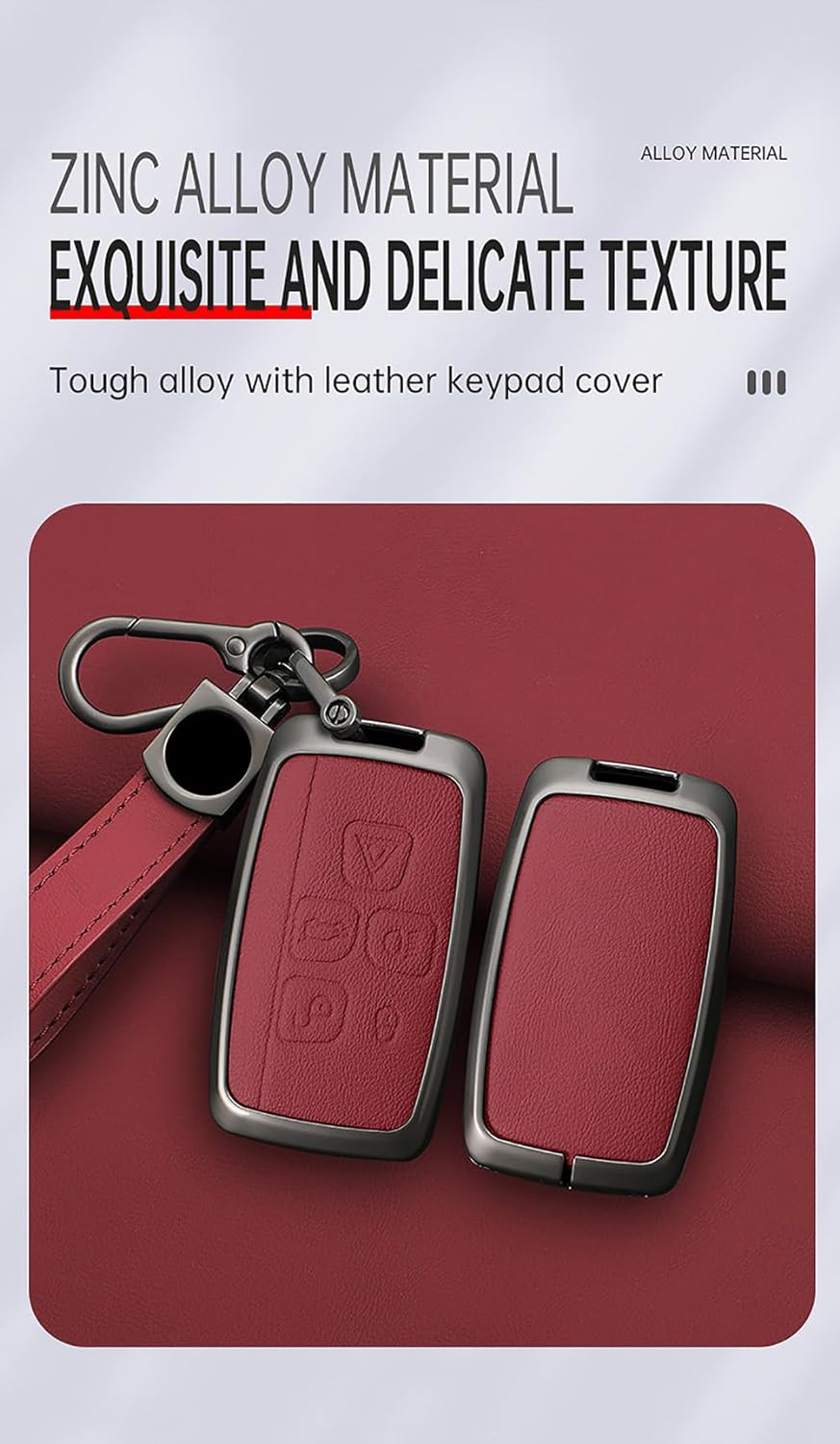 Leather Key Fob Cover with Keychain Metal Key Shell Cover Holder Fit for Evoque Velar Sport Discovery Freelander2 LR4 Sport Jaguar XF XJ XE F-PACE F-Type Smart Key Black - Long-Red image number 7