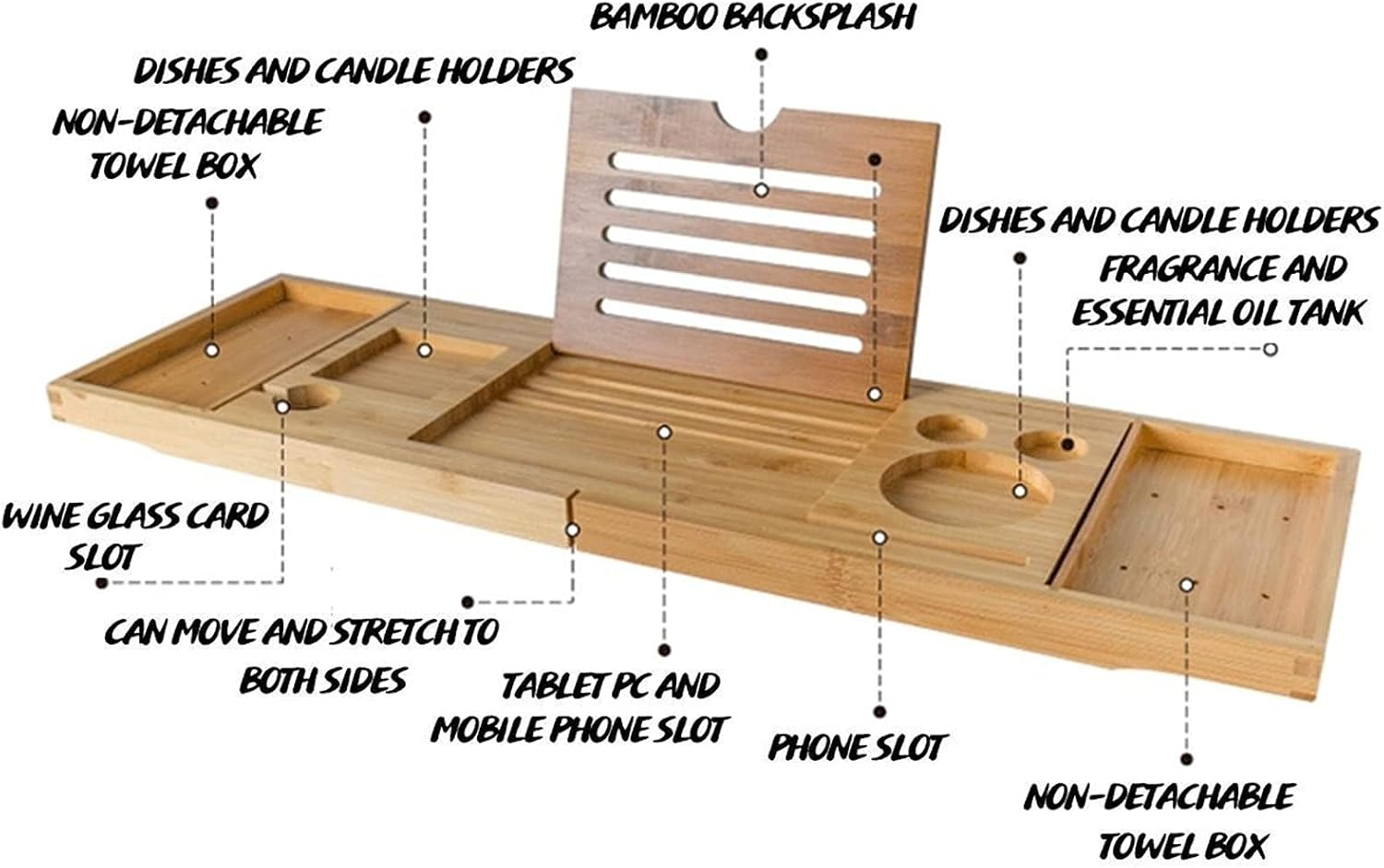 95 * 23 * 3Cm Yellow Bathroom Accessories Storage Shelf Rack Extendable MDF Bath Caddy Adjustable Home MDF Bath Tray image number 5