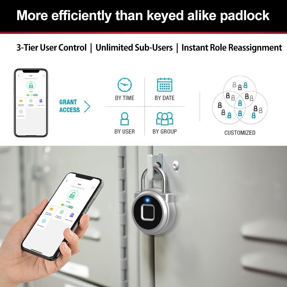 Elinksmart Gym Locker Padlock with Fingerprint Remote Authorized Unlock Record - Waterproof Security Keyless Smart Lock for School Gym Locker Backpack Gun Case Field Box Silver Support Ios Watch