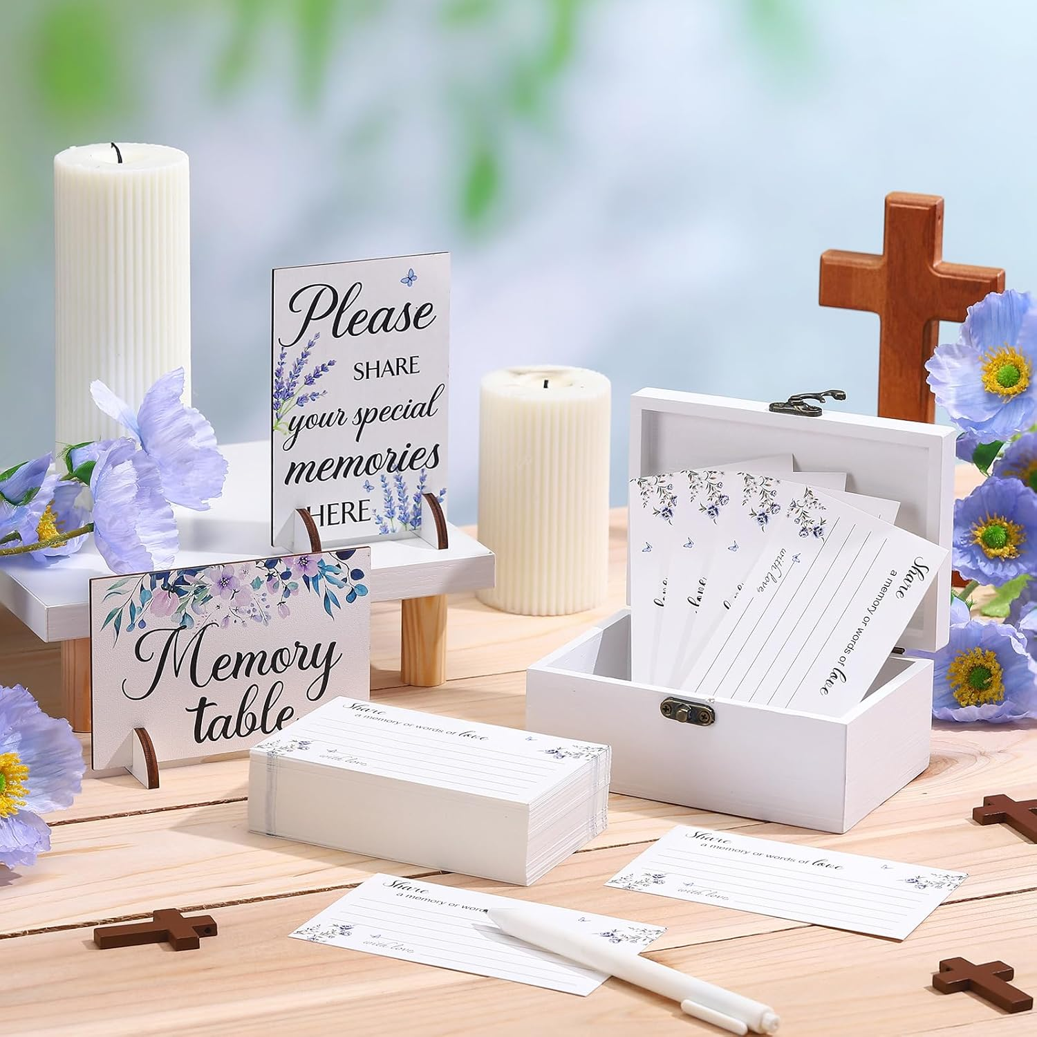 Gilprop 112 Pcs Celebration of Life Memory Cards Set Share a Memory Cards with Box 2 Wood Sign with 4 Hold and 5 Pens, Sympathy Memorial Gifts Funeral Keepsake Decorations (Butterfly)