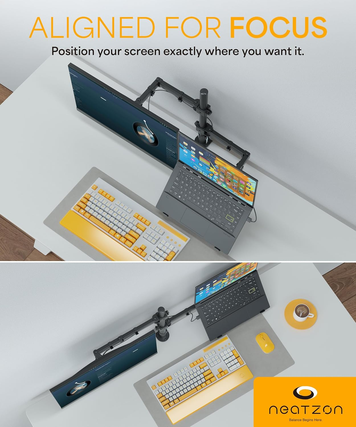 Neatzon Laptop and Monitor Arm &ndash; Sleek Desk Mount for Notebook and Screen up to 8Kg, Ergonomic Articulating Stand with Cable Management, VESA Compatible NZ-ARM-02 image number 3