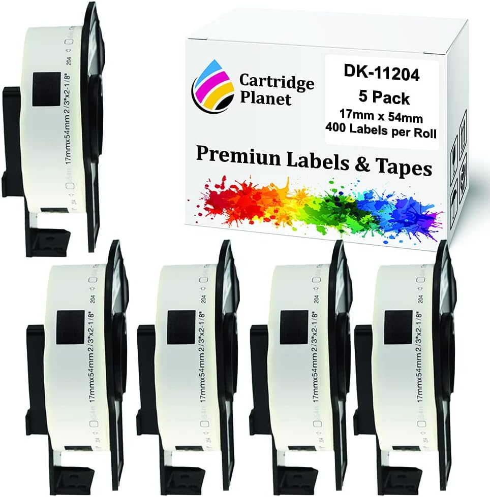 Cartridge Planet 5 Pack Compatible Label Roll for Brother DK-11204 DK11204 17Mm X 54Mm 400 Labels per Roll for Brother QL1050 QL1050N QL1060N QL1100 QL1110NWB QL500 QL550 QL570 QL580N QL650TD QL700 QL720NW QL800 QL810W QL820NWB Label Printer