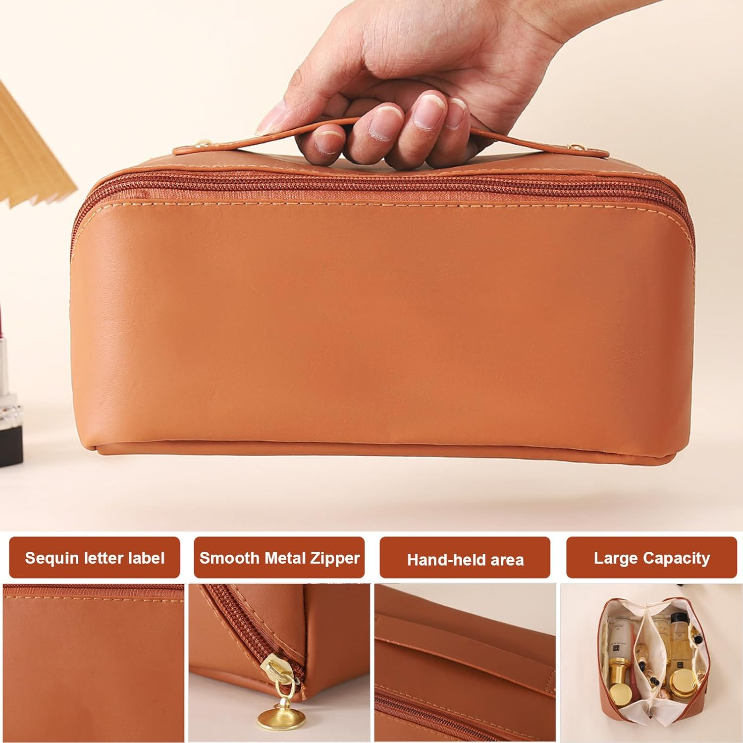 Cosmetic Bag, Extra Large Waterproof Makeup Organizer, High-Quality PU Travel Toiletry Bag for Women, Spacious Multi-Compartment Storage Pouch for Cosmetics, Skincare, Brushes, and Essentials（Brown）