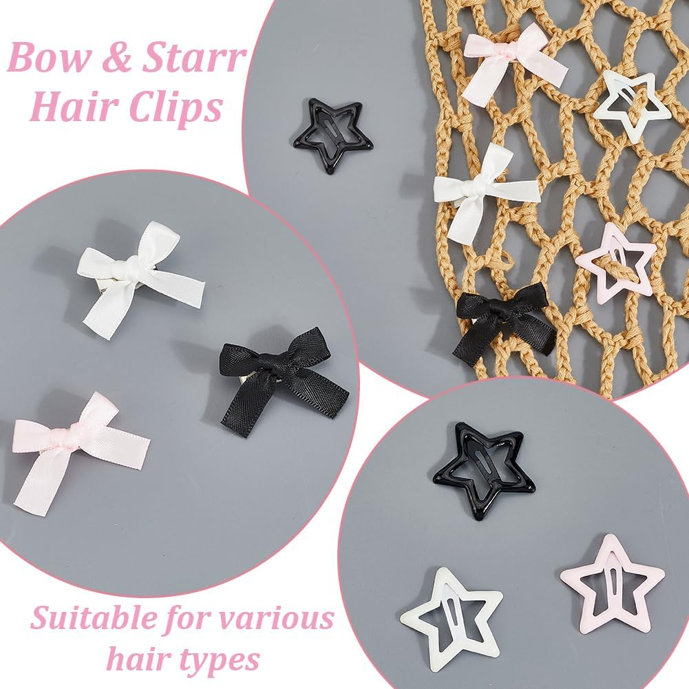 SOFPLATE Pack of 60 3 Colours Colourful Hair Clips with Bow Mini Hair Clips Small Polyester Bow Iron Enamel Stars Coquette Black White Alligator Accessories for Short and Long Hairstyle image number 1