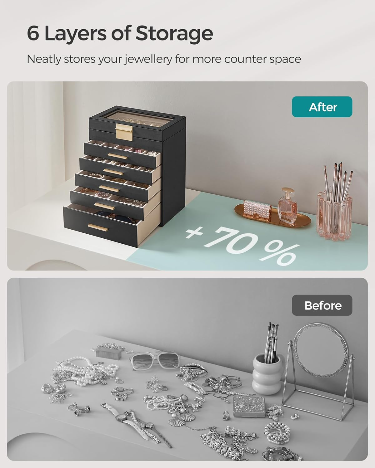 SONGMICS JBC171B01 6 Tier Jewellery Box with Glass Lid 5 Drawers Sunglasses Large Jewellery Storage Modern Graphite Black Gold - Graphite Black + Golden image number 5