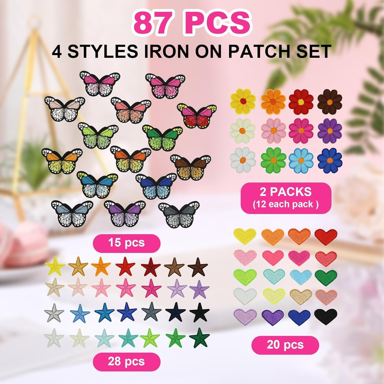 87 Pack Iron on Patches for Clothes, Assorted Styles Sew on Embroidery Patches, Flower Heart Butterfly Star Iron on Patches, Small Iron on Patches for Hats Jeans Jackets DIY