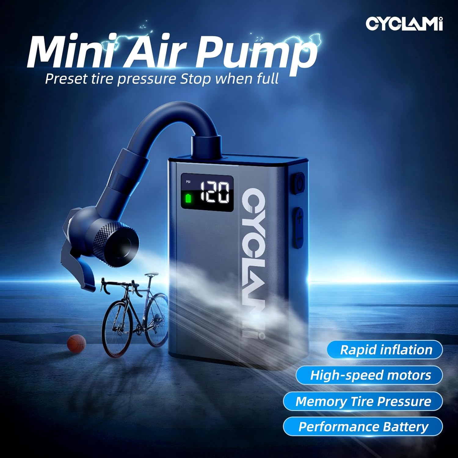 CYCLAMI Electric Bike Pump Mini 120Psi,Portable Ultra-Mini 750Ma,Type-C Rechargeable Electric Bicycle Air Pump,Led Screen Displays Tire Pressure image number 5