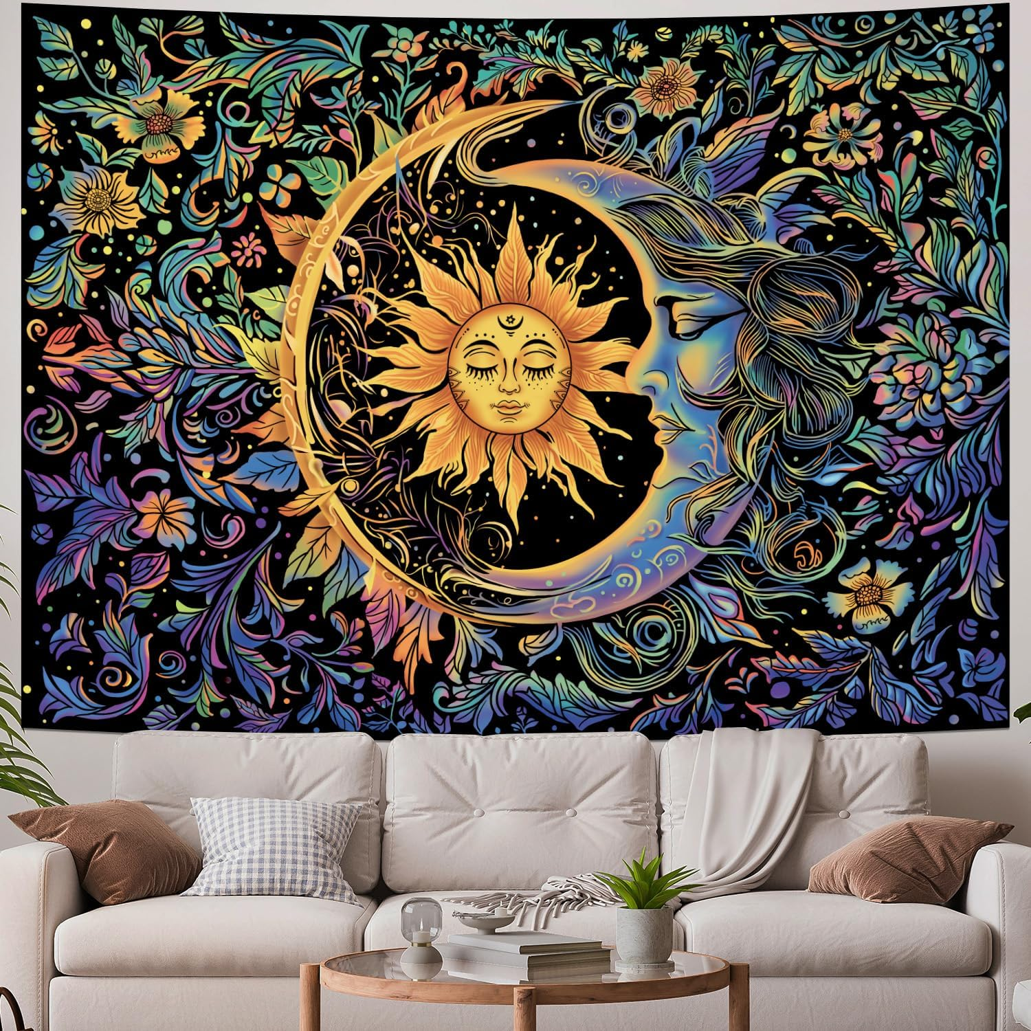 Sun and Moon Tapestry Psychedelic Mystic Floral Tapestry Hippie Boho Flower Plants Wall Tapestry Vintage Aesthetic Tapestry Wall Hanging for Bedroom image number 4