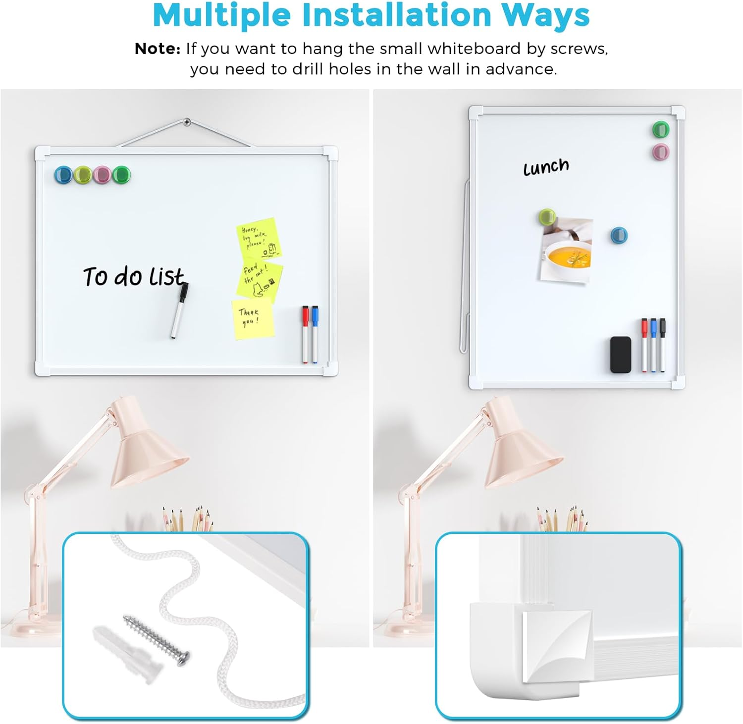 Double-Sided Dry Erase Board for Wall, 16"X12" Hanging Whiteboard, Small Dry Erase White Board with 3 Markers&4 Magnets, Portable Whiteboard for Students - Planning, Drawing, Memo, to Do List image number 4