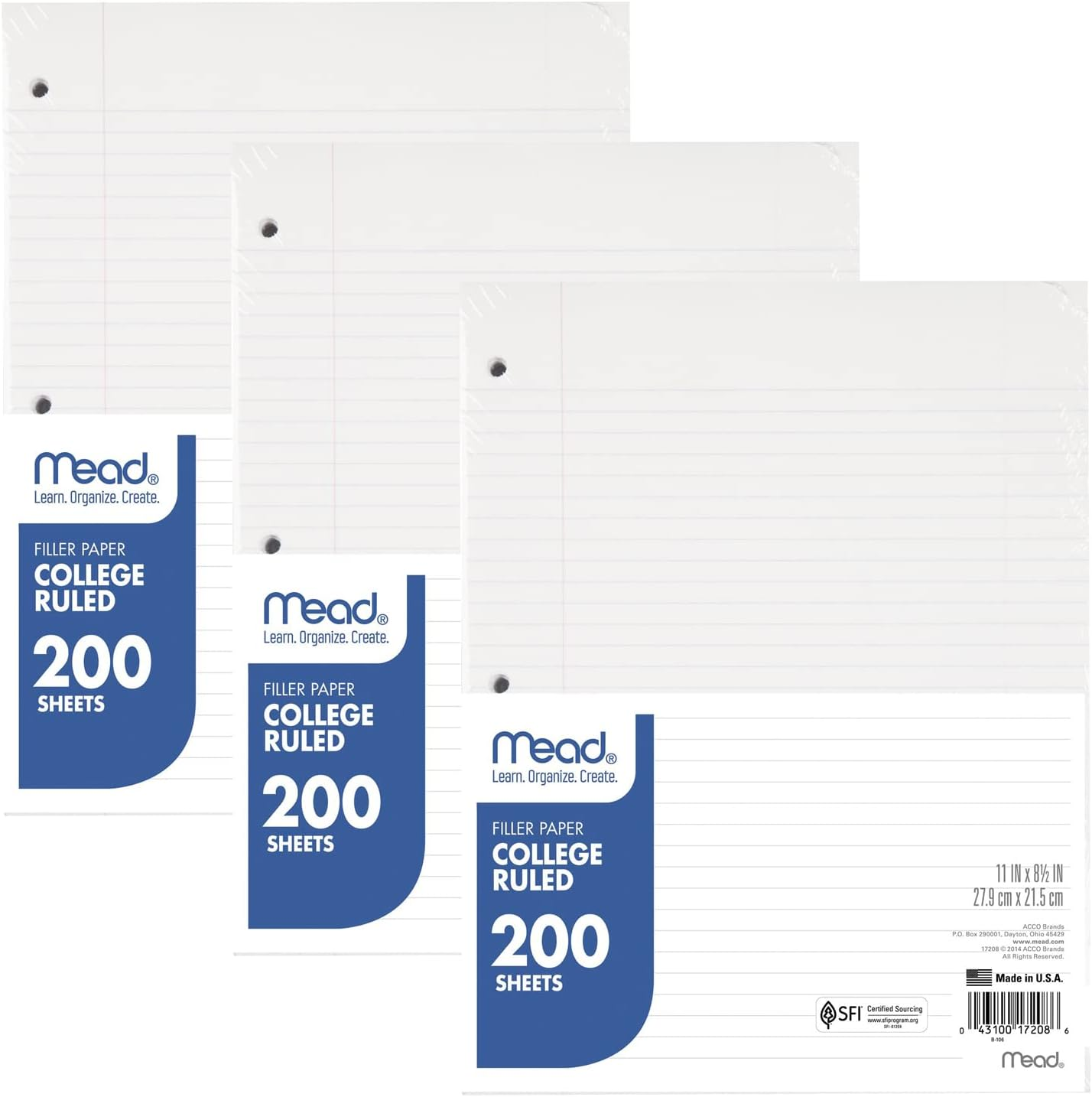 Mead Loose Leaf Paper, 3 Pack, Notebook Paper, College Ruled Filler Paper, Standard, 8.5 X 11, 200 Sheets per Pack (73189) image number 5