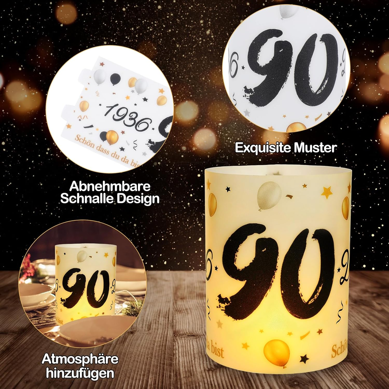 12 Lantern Table Decoration 90Th Birthday, Seutgjie 90Th Birthday Anniversary Decoration Man Woman 1936-2026 Black Gold for Tea Lights or Candles image number 1