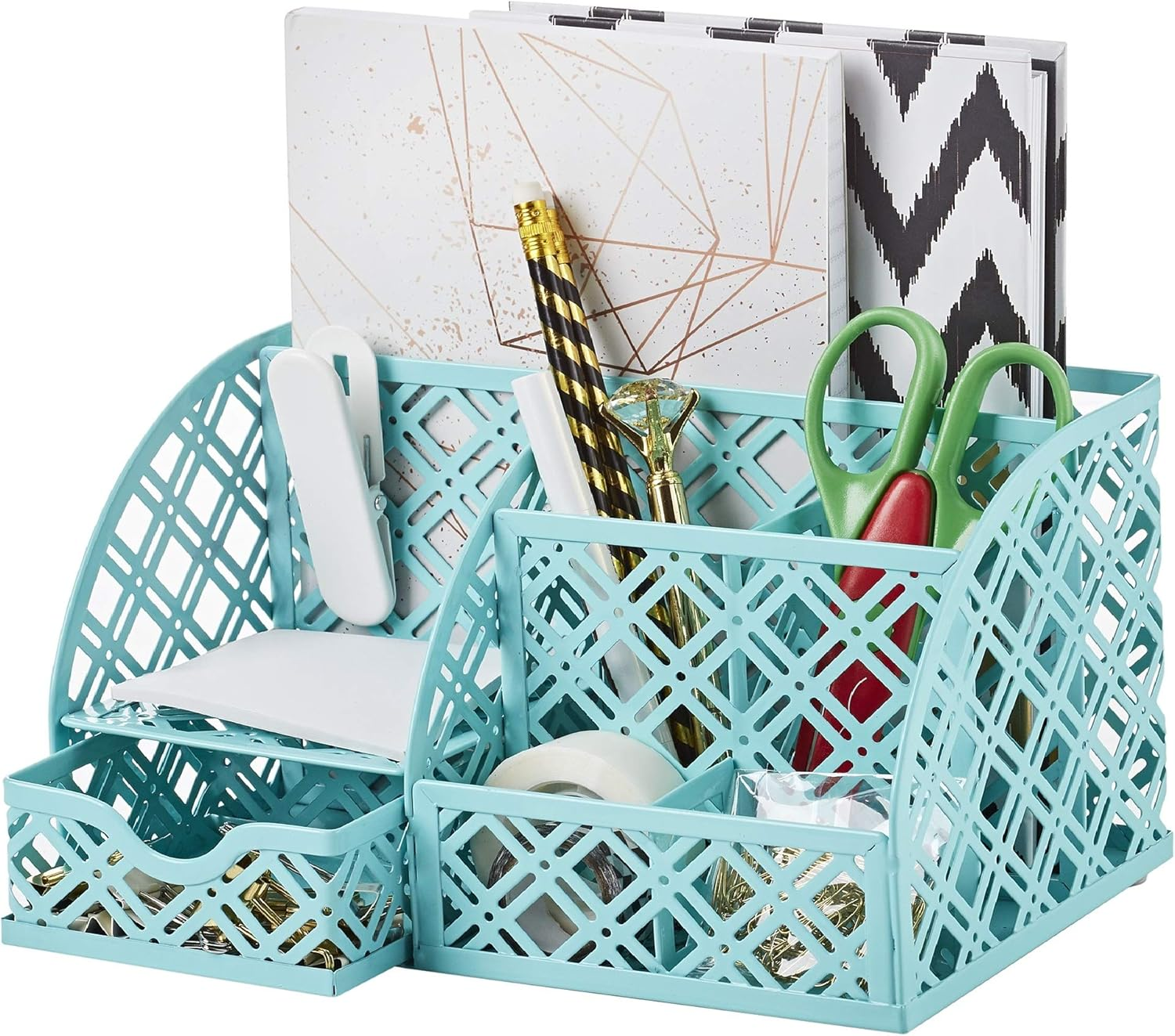 EXERZ Desk Organiser/Mesh Desk Tidy Caddy/Pen Holder/Multifunctional Organiser with 7 Compartments (Light Pink)