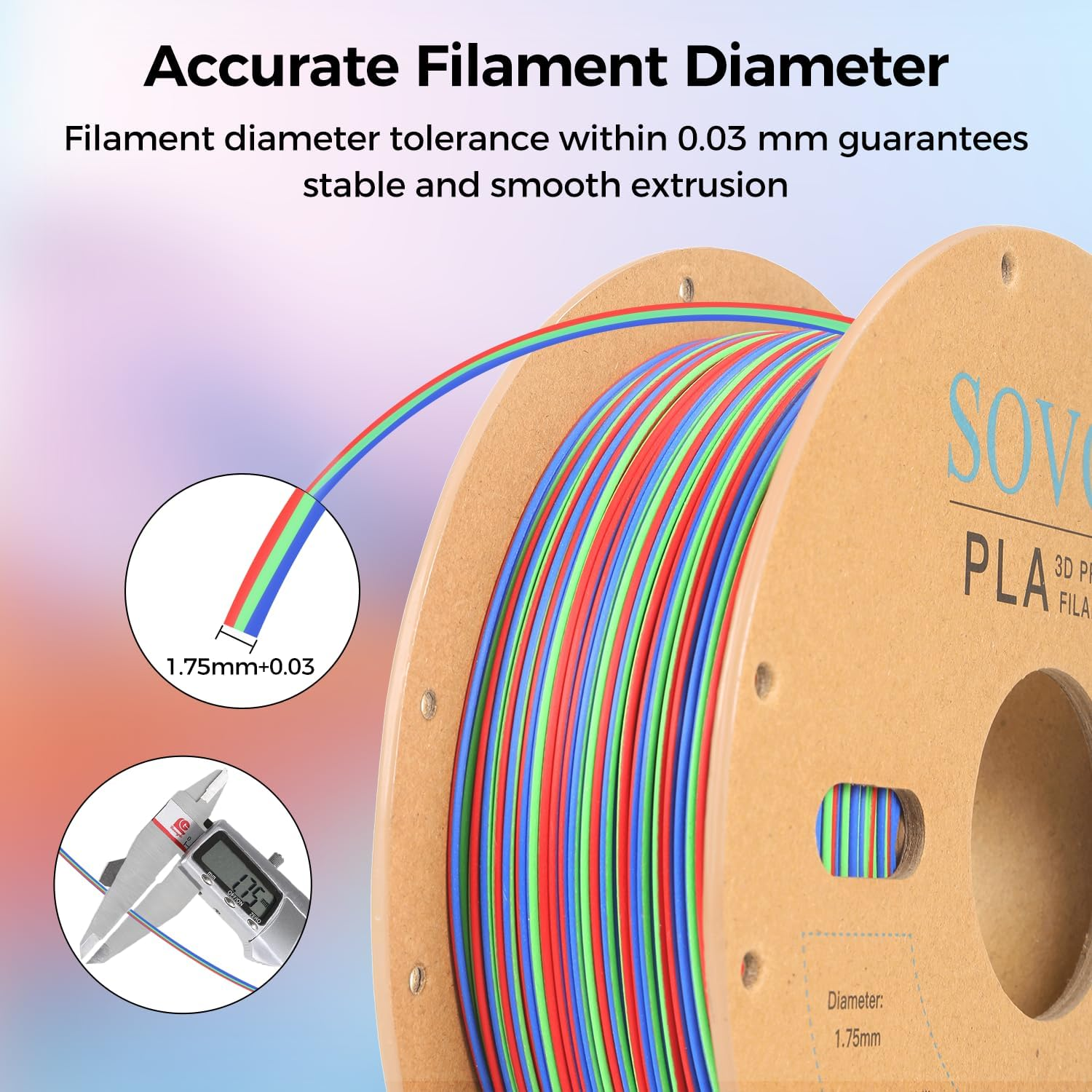 Sovol Matte PLA Filament Rotated Tri Color Co-Extrusion 1.75Mm, Fast Change 3D Printer Filament 1Kg/ 2.2Lbs, Matte Red Green Blue 3 in 1 Coextrusion PLA Material +/-0.03Mm image number 1