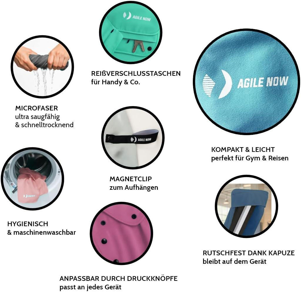 Agile Now Fitness Towel - Multifunctional Microfibre Gym Towel with Hood, Magnetic Clip and Zip Pockets, Sports Towel Gym, Gym Accessories, Grey image number 5