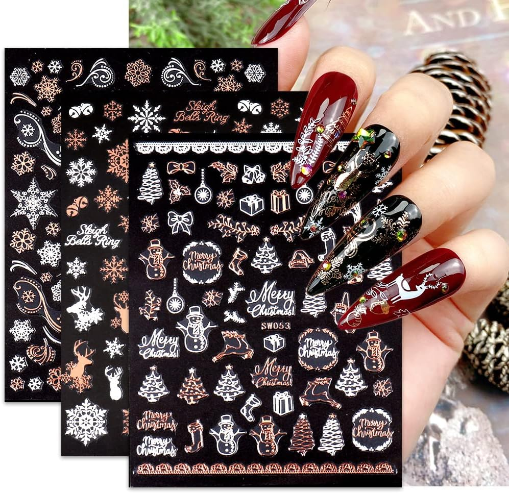 9 Sheets Christmas Nail Art Stickers Decals Self-Adhesive Pegatinas U&ntilde;as Rose Gold Snowflake Tree Winter Nail Supplies Nail Art Design Decoration Accessories image number 2