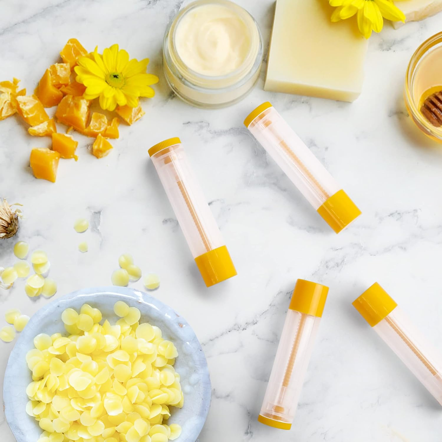 Lotfancy Lip Balm Tubes Empty, 60PCS 5.5Ml (3/16 Oz), Clear Lip Balm Container Tubes with Yellow Caps, BPA Free & Leak Free, Refillable