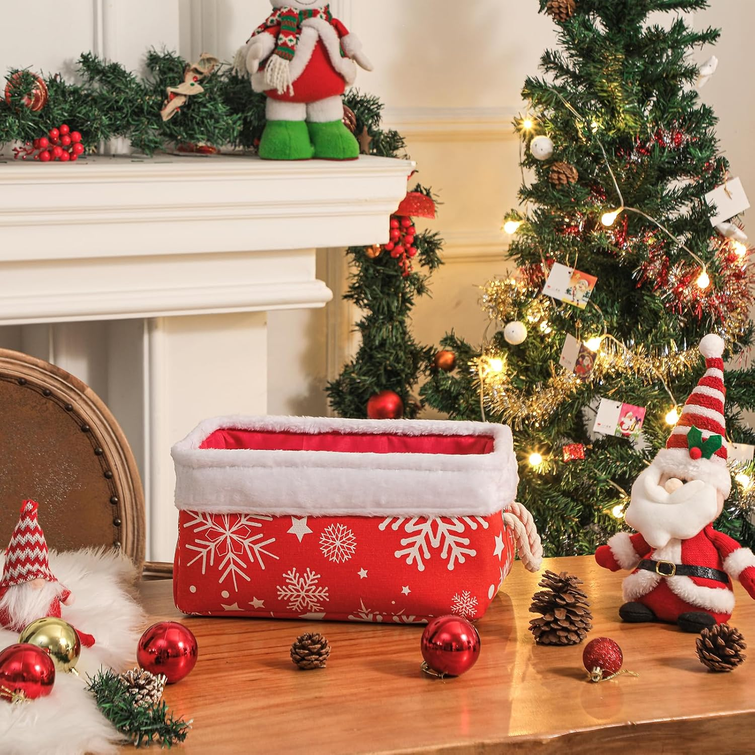 Inough Christmas Ornament Storage Box Holiday Decoration Organizer, Christmas Basket for Kids Large Gifts Baskets Empty with Handles Santa Sack with Drawstring (Medium, Snowflake) image number 6