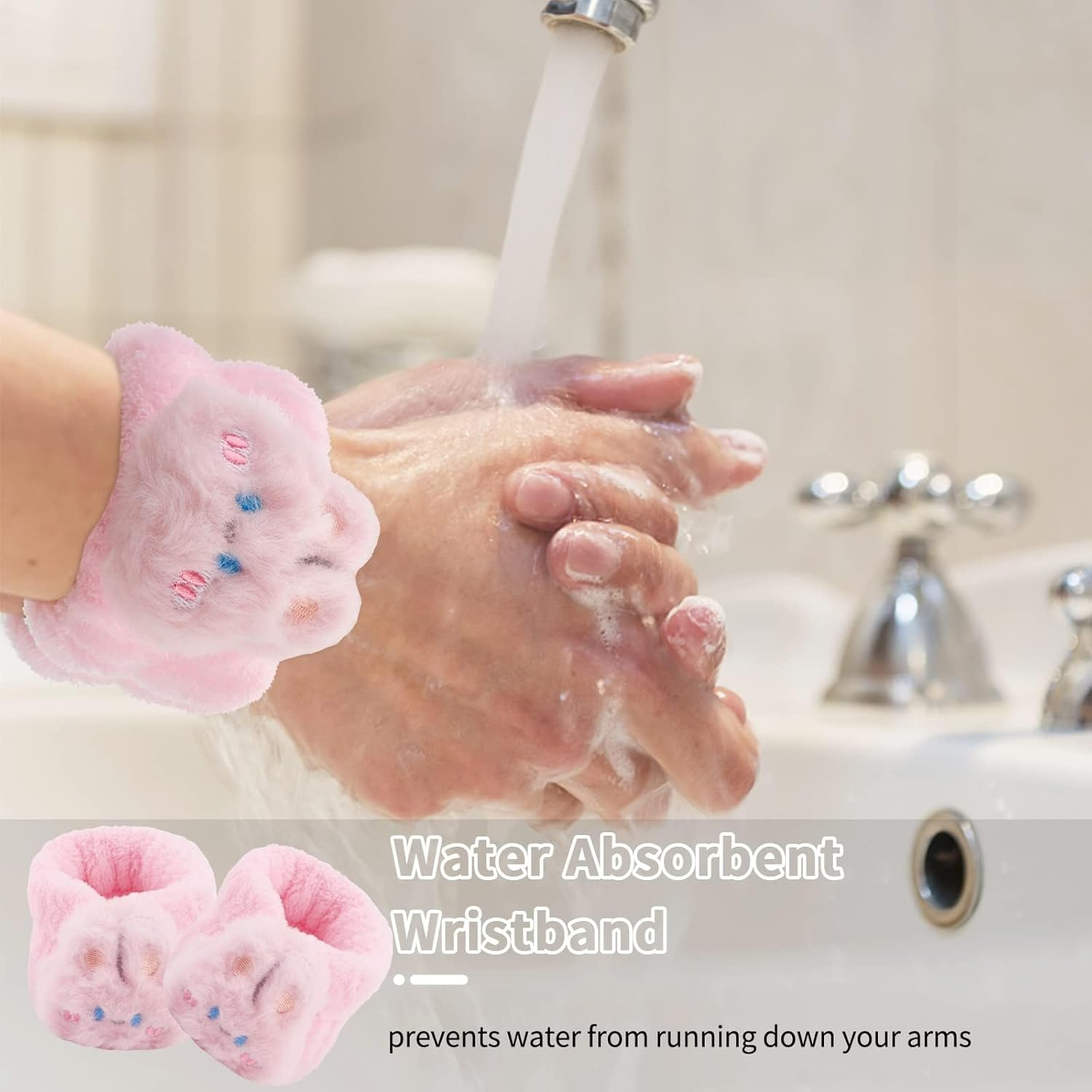 Wrist Wash Band with Hairband, Pack of 3 Bunny Ears Headband Make Up, Face Wash Headband, Pink, Headband Cosmetic Rabbit Ears for Spa, Yoga, Beauty image number 2