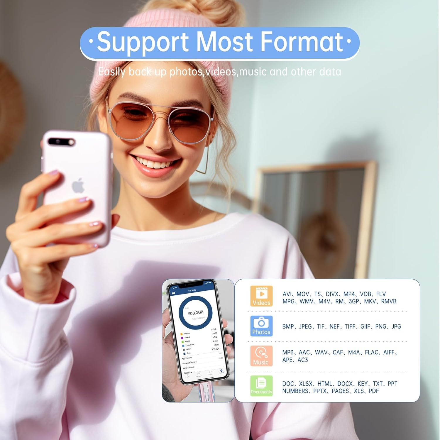 Iphone Flash Drive,256Gb Photo Stick USB Drive,4 in 1 Iphone USB Memory Stick Iphone Thumb Drive USB Stick for Iphone15/14/13/12/11/X/Xs.../Pc/Ipad Type C and Micro USB Phone Devices (Pink) image number 4