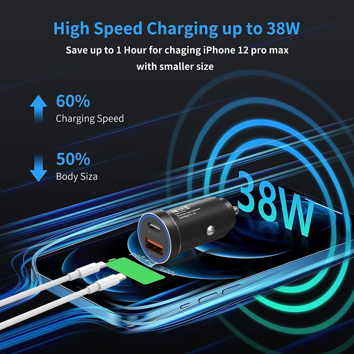 USB C Car Charger, 38W Fast USB Car Charger Adapter PD&QC 3.0 Dual Port for Iphone 13 12 11 Pro Max X XR XS 8, Galaxy Note 20/10 S21/20/10 Google Pixel and More image number 1