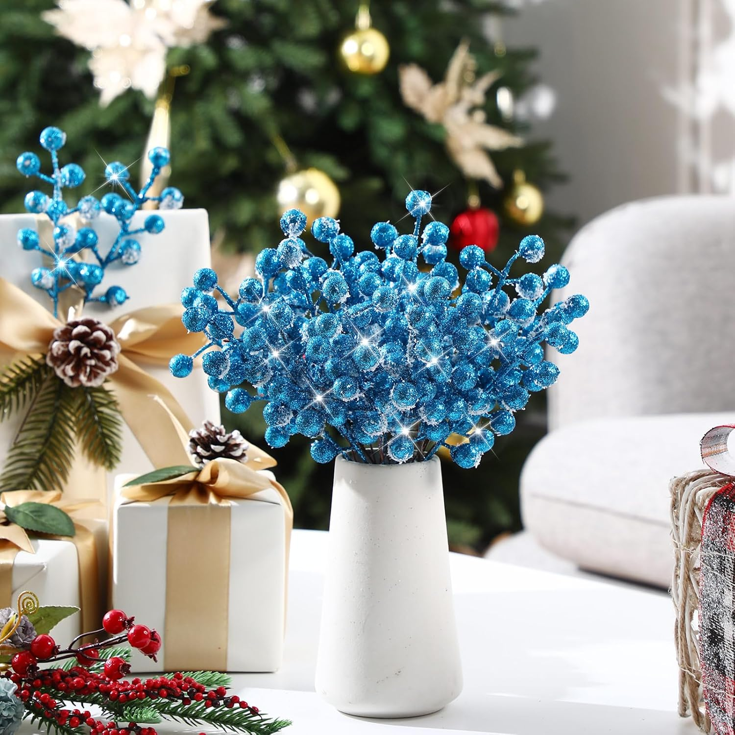 Geosar 30 Pieces Artificial Christmas Berry Picks with Snowflake Glitter Artificial Holly Berry Stems for Christmas Tree Ornaments Vases DIY Crafts Home Wedding Party Holiday Decor(Light Blue) - Black image number 4