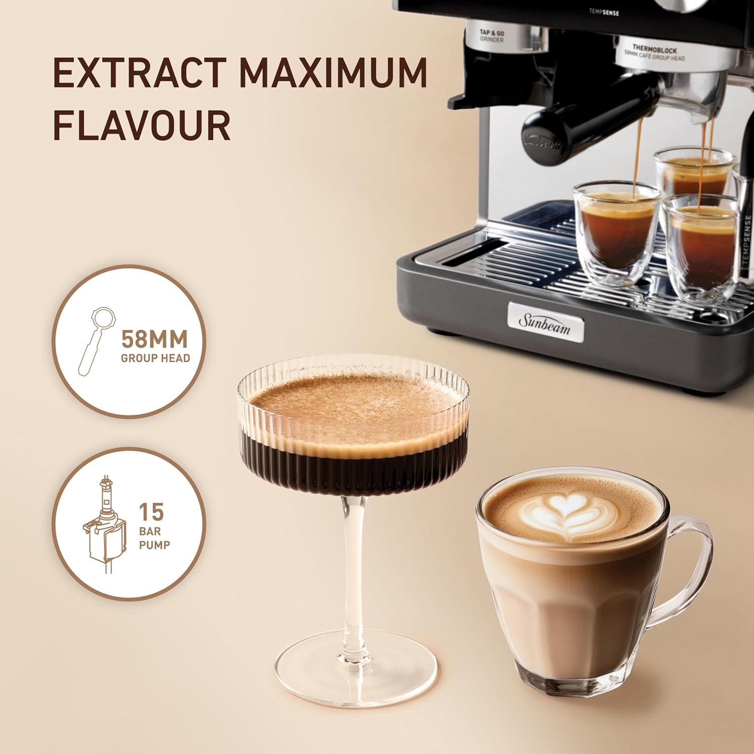 Sunbeam Origins Sense Espresso Machine | 4 Steam Settings with Tempsense Steam Auto Shut Off, Coffee Machine Anti-Static Technology for Less Mess Grinding, One-Button Cleaning, Graphite EMM6500GR image number 5