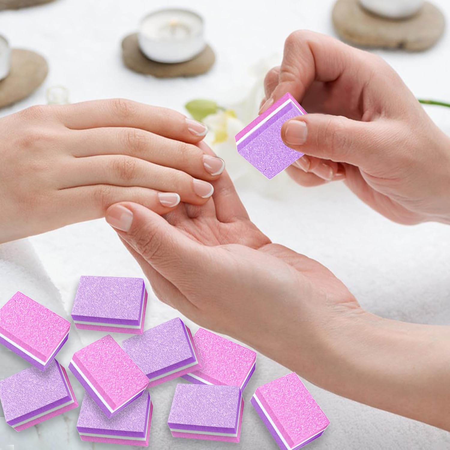 50 Pcs Sponge Nail Buffers,100/180 Grit Mini Nail Files,Mini Buffer Block Nail File for Acrylic & Natural Nails,Double-Sided Buffing Blocks for Manicure & Pedicure,Salon & Home Use(Pink-Purple) image number 2