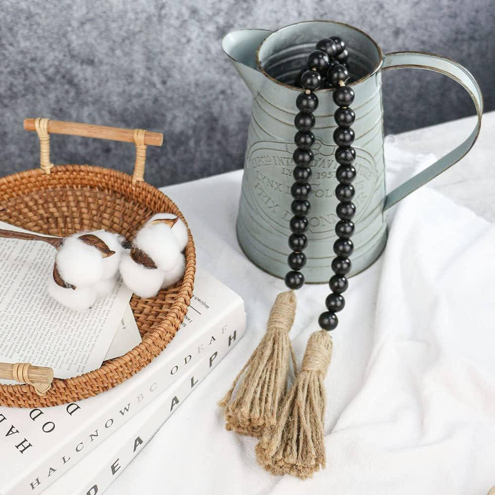 58In Farmhouse Beads Wood Bead Garland with Tassels, Rustic Farmhouse Decor for Farmhouse Tiered Tray Farmhouse Wall Decor (Black)