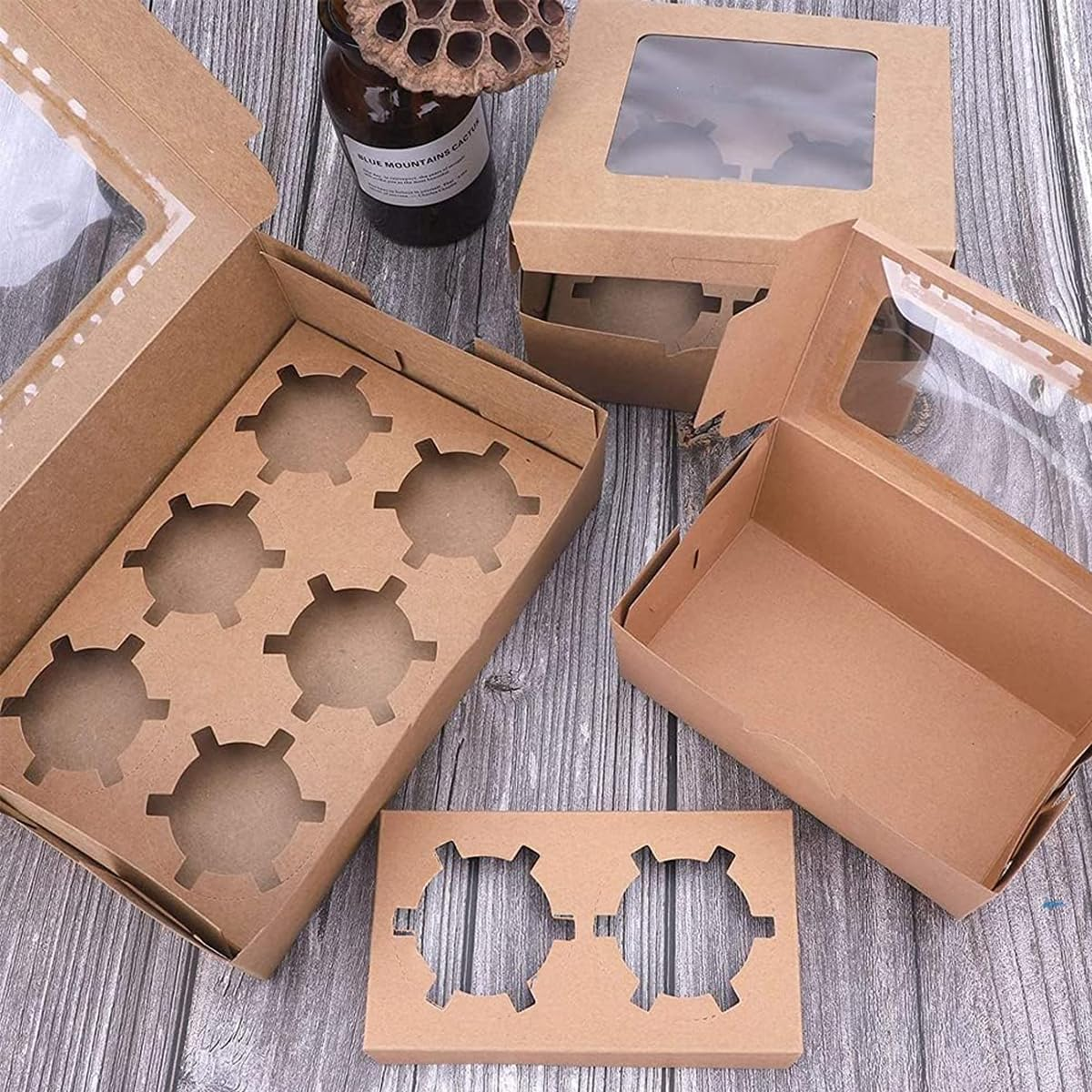 AIMALL 25Pcs Kraft Paper Cupcake Boxes with Window, 1/2/4/6/8/12 Cupcake Capacity, Maffen Packing Box for Desserts - 1 Hole image number 7