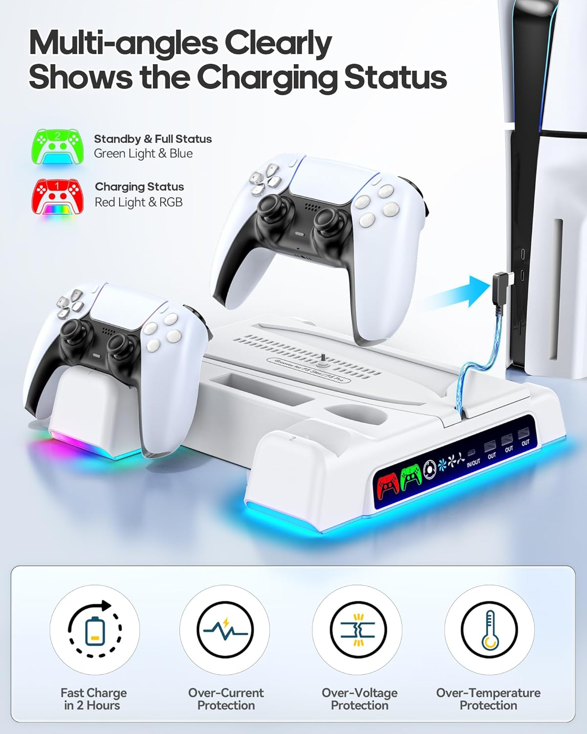 Kytok Ps5/Slim/Pro Cooling Stand with PS 5 Controller Charger for Playstation 5 Console, PS5 Stand with 3 Levels Cooling Fan, Vertical Station with Headset Holder