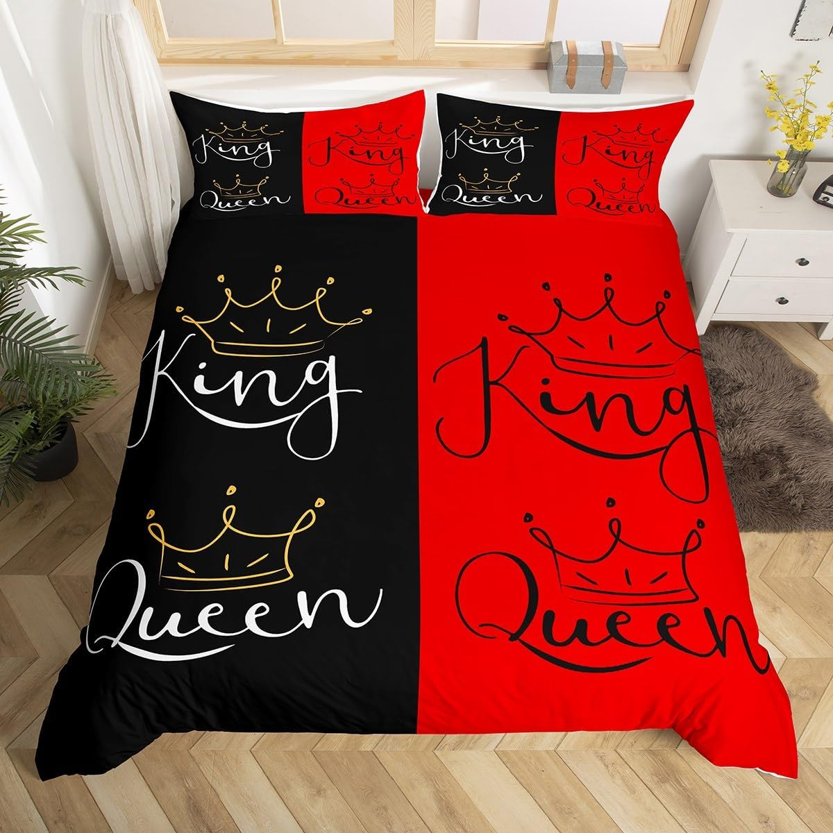 Crown Queen King Duvet Cover Set L Size, Couple Lovers Bedding Set, Teens Women Men Room Decor, Red and Black Comforter Cover, Valentine'S Day, Wedding Theme Quilt Cover, 2 Pillowcases
