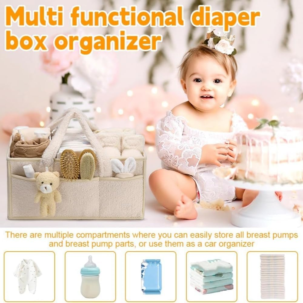 Diaper Caddy Organizer, Storage Basket for Diapers and Wipes,Portable Diaper Storage (Cream Color)