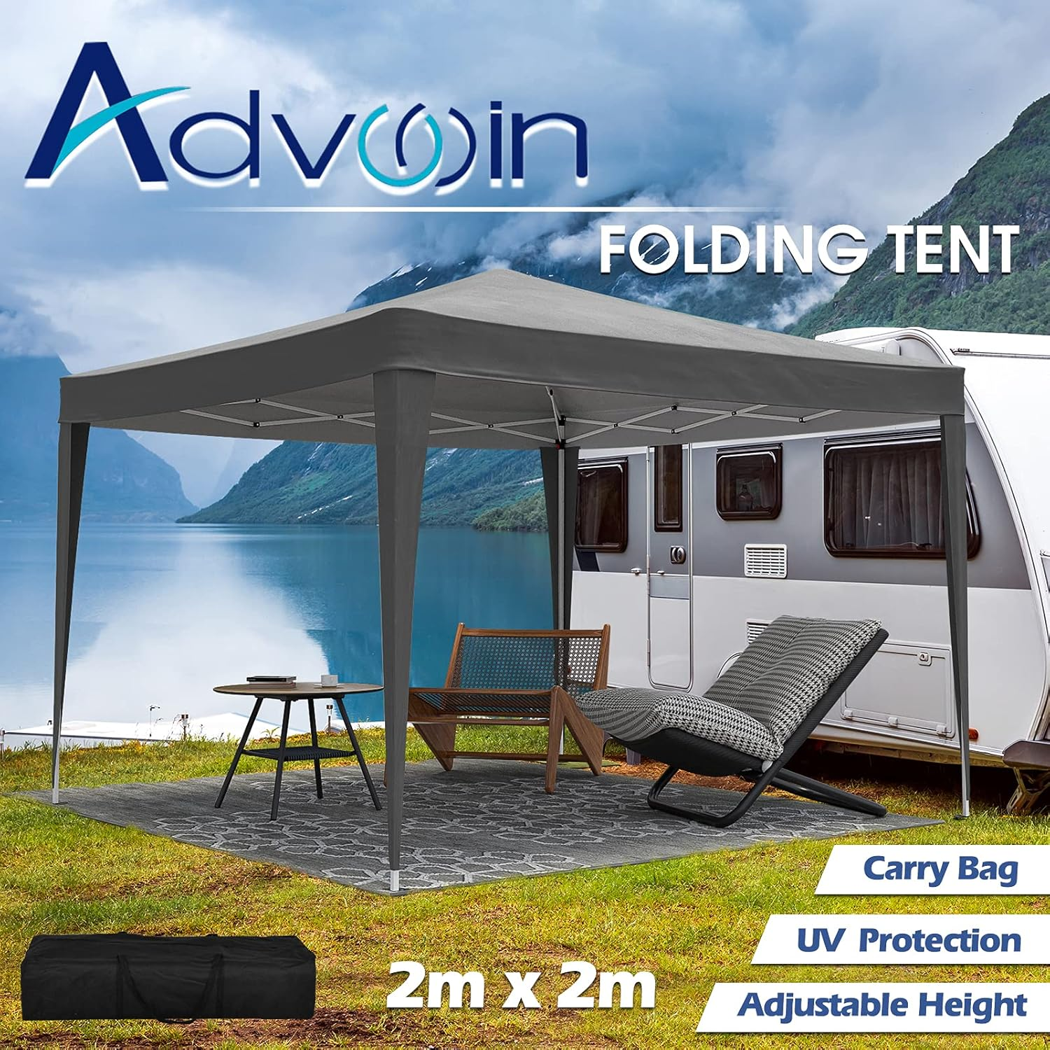 Advwin 2X2 Pop up Canopy, Portable Marquee, Waterproof Commercial Tent, Grey Folding Gazebo for Outdoor Events, Markets, Camping, Beach, Backyard, Festivals - Grey-2X2M image number 3