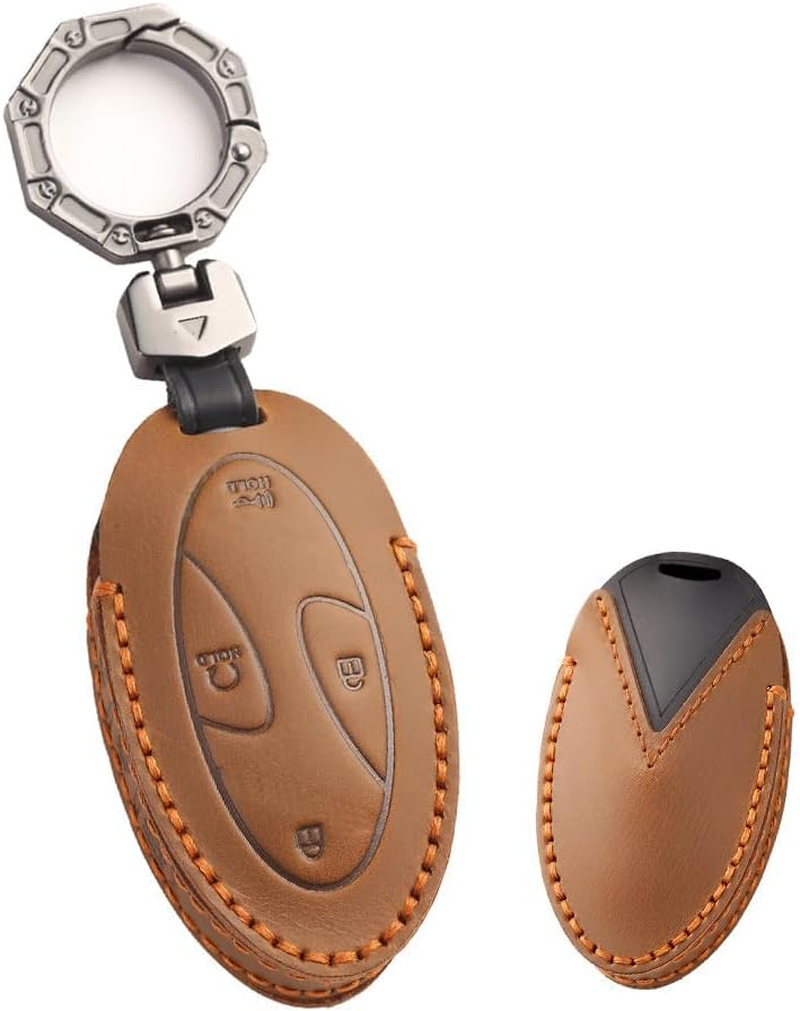 Ontto Key Fob Cover Case Keyring Fit for Hyundai Grandeur GN7 Ioniq 6 Kona 2023 2024 Leather Key Holder Shell Bag Keychain Protector Accessories 5 Buttons Brown