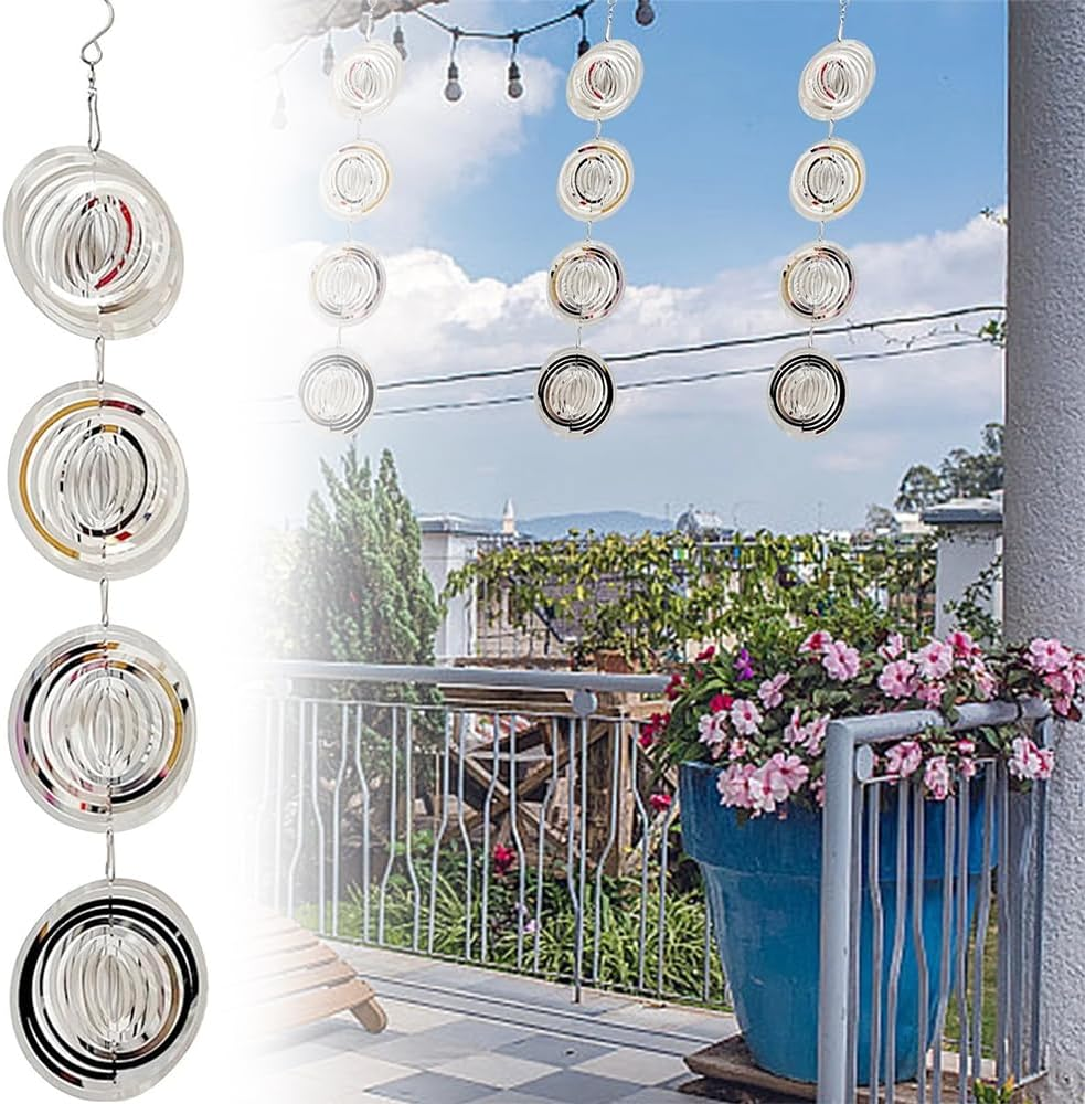 JIUSEGE 3D Reflective Bird Deterrent Set &ndash; Stainless Steel Wind Chimes & Sparkly Discs Wind Spinners for Outdoor Garden Decor, Keep Woodpeckers & Pigeons Away from Your House, Garden, Boat & Orchard image number 6