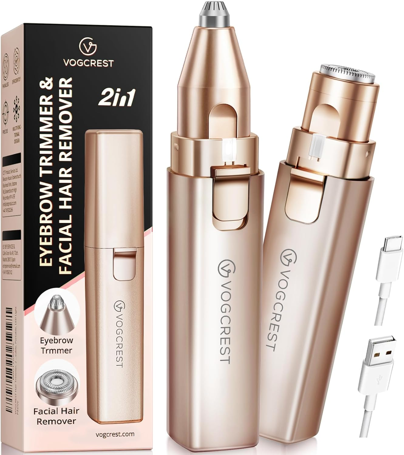 VG VOGCREST Rechargeable Facial Hair Removal for Women: 2-In-1 Electric Eyebrow and Facial Hair Removal Device - Suitable for Eyebrows Chin Cheeks Features a Built-In LED Light (Gold)
