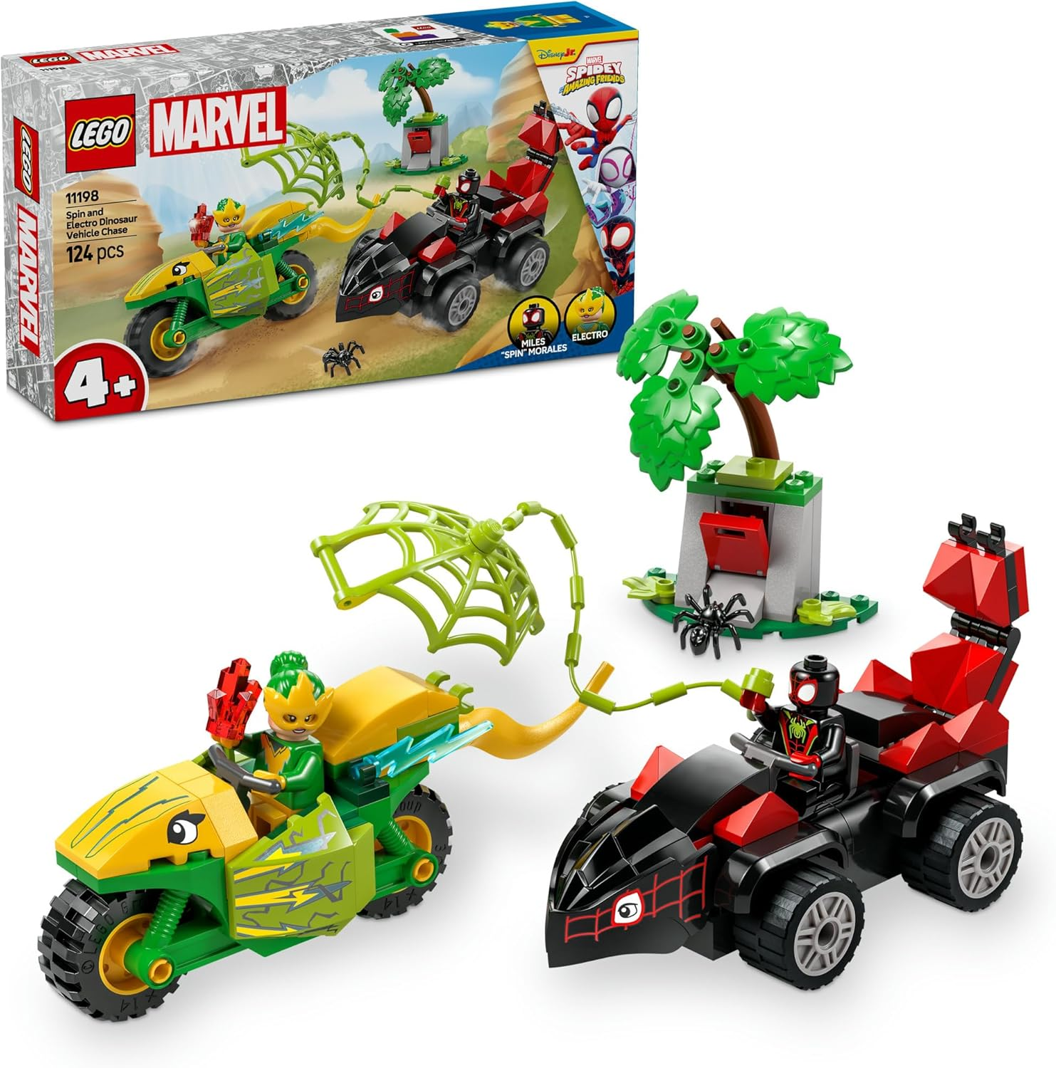 LEGO Marvel Spidey and His Amazing Friends Spin and Electro Dinosaur Chase Building Toy for 4+ Year Old, Creative Set with 2 Minifigures,Spiderman Superhero Car & Kids Toy Motorbike 11198 image number 5