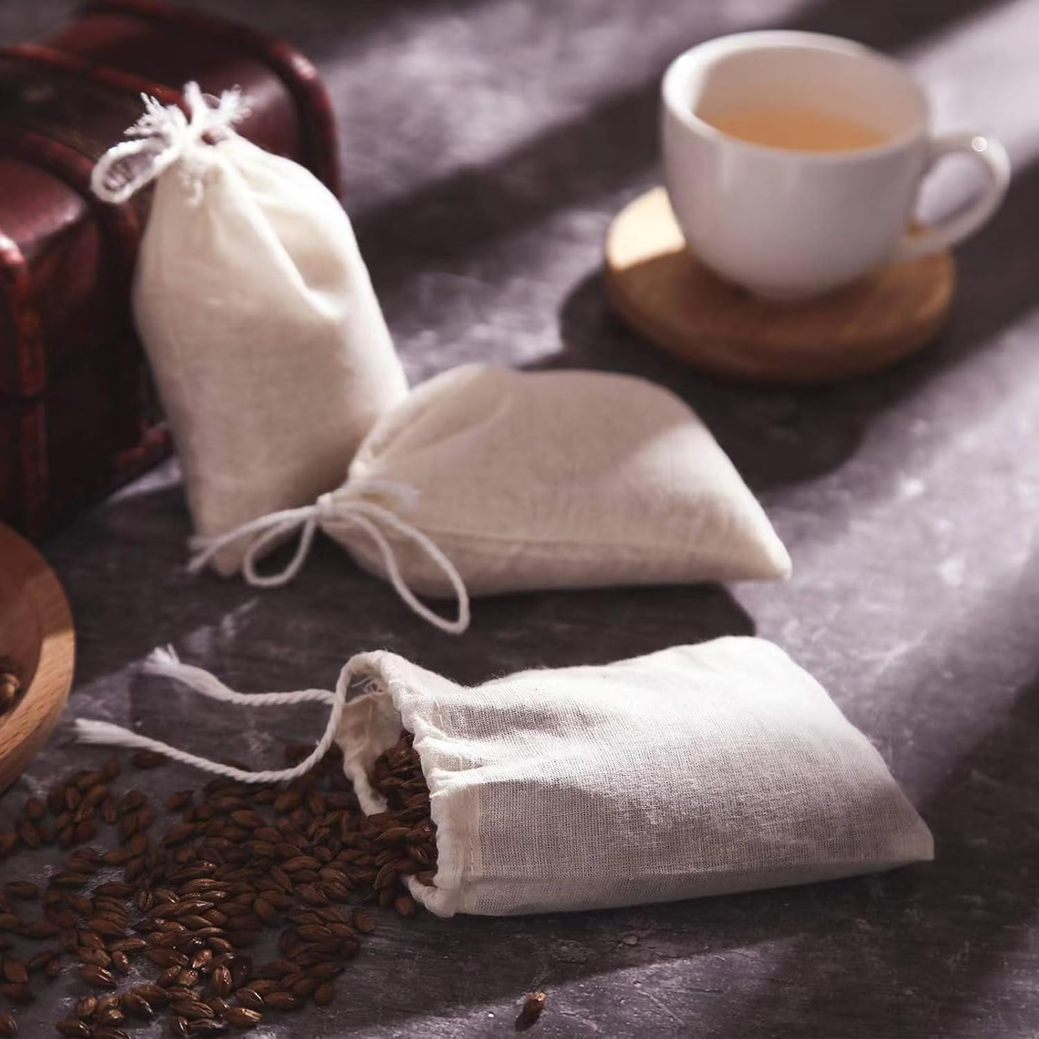 6Pcs Muslin Drawstring Bags,Natural Unbleached Cotton Straining Herbs Cheesecloth Bags,Reusable Cold Brew Coffee Cheese Cloths Strainer,Large Nut Milk Tea Juice Bag. image number 5