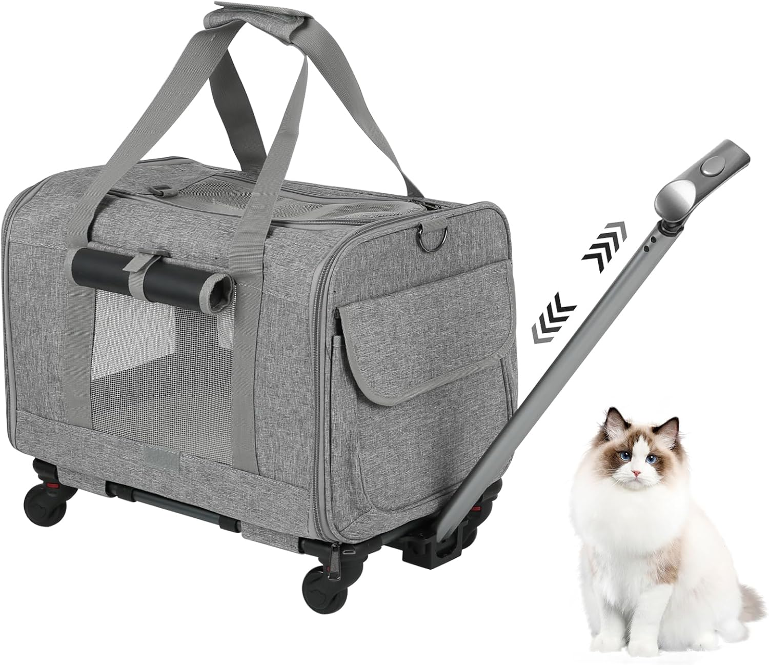 Dog Cat Carrier with Wheels, Detachable Base Portable Breathable Outdoor Pet Carrier with Curtain, Multifunctional Labor Saving Dog Travel Carrier for Picnic (Grey)