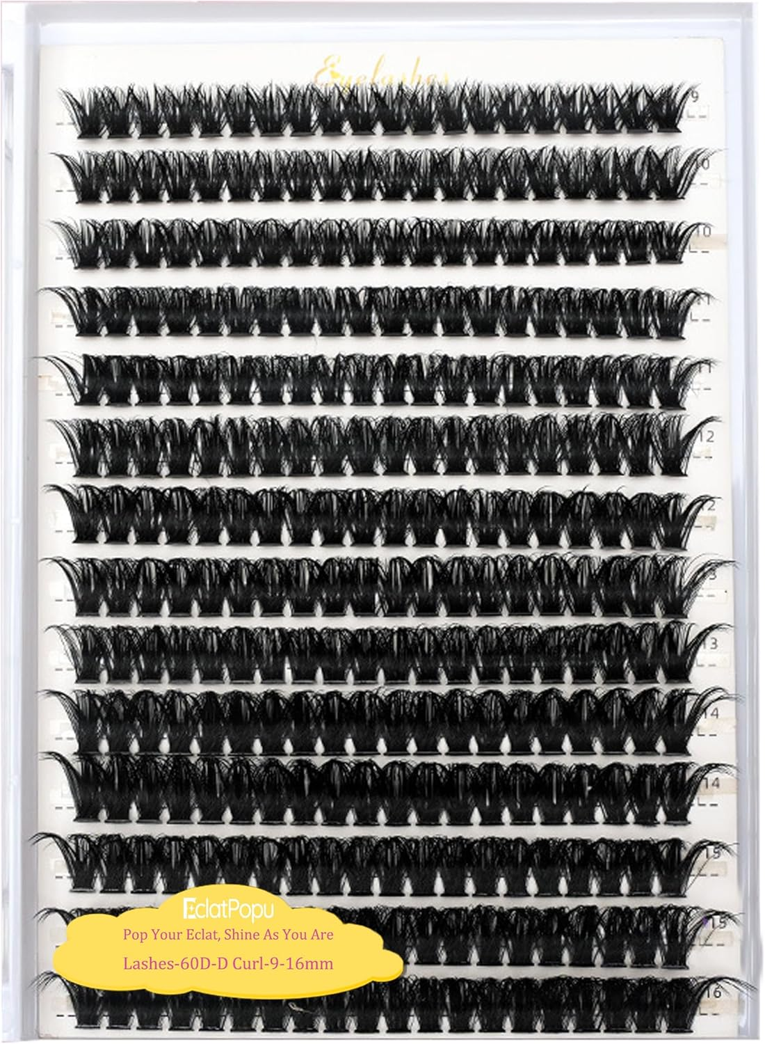 Eclatpopu Fluffy Lash Clusters Eyelash - 60D D Curl 9-16Mm Mixed False Cluster - 2YJ-60-D