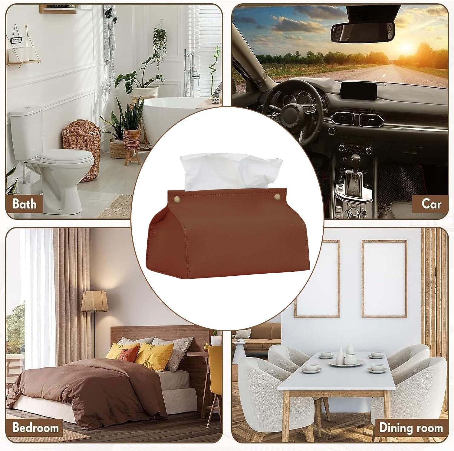 Tissue Box Cover, Refined Modern PU Leather Tissue Box Holder Rectangular Tissue Box Covers for Kleenex, Napkin, Tissue Holder for Bathroom Car Home Office (Brown) image number 3