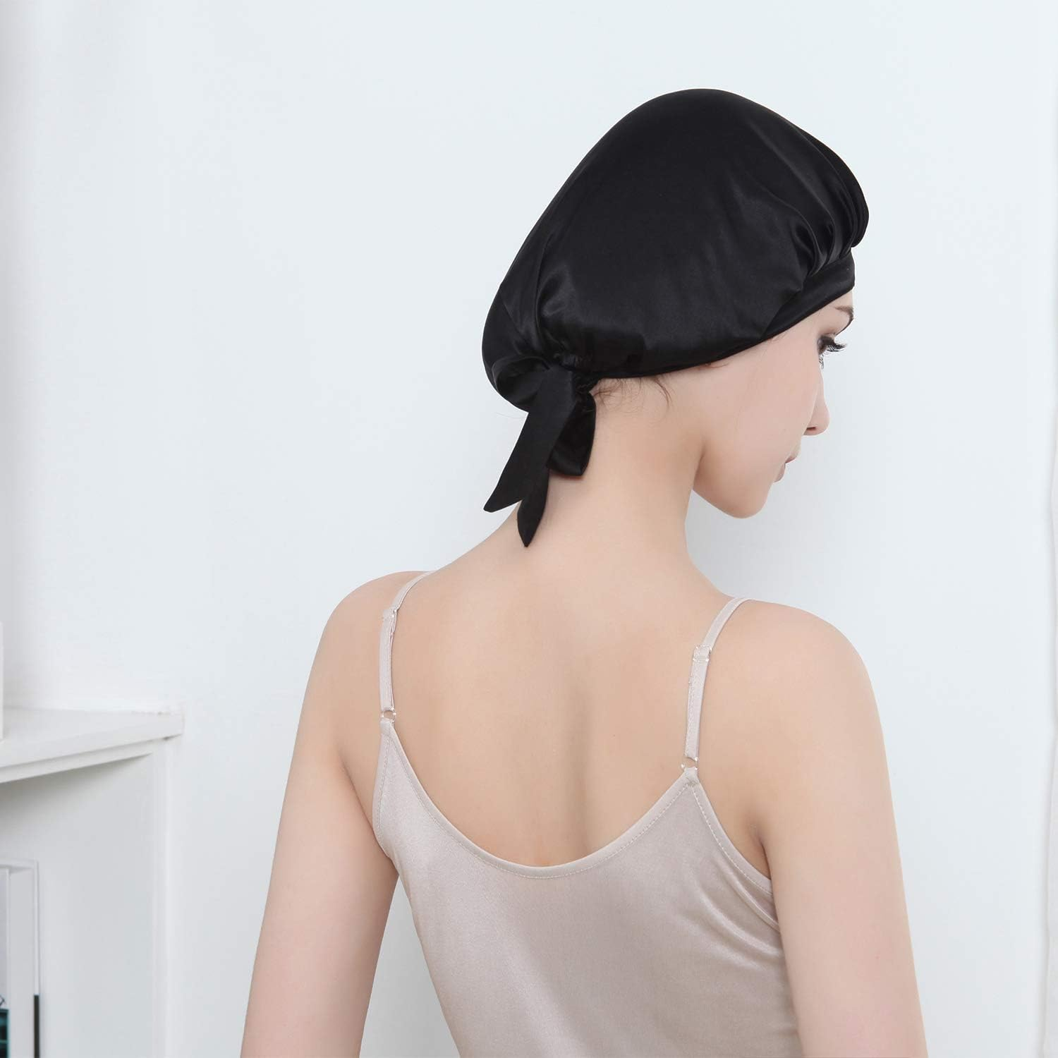 100% Mulberry Silk Night Sleep Cap, Sleeping Cap for Women Head Cover Bonnet for Hair Beauty with Elastic Band for Sleep, Hair Loss, Hair Protection (Black) image number 5