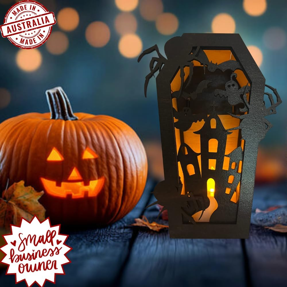 Haunted House Black Coffin Candle Holder &ndash; Halloween D&eacute;cor &ndash; DIY Flat Pack Wooden Kit &ndash; Spooky Home Decoration by Wolfborn Studio image number 2
