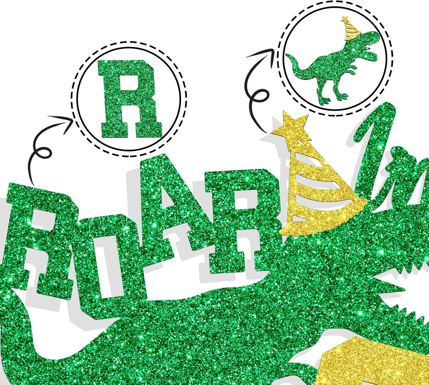 Ferburitar Roar I'M 6 Cake Topper, Dinosaur Jungle Safari Cake Topper for Boys Girls, Happy 6Th Birthday Party Decorations Supplies for Kids, Gold and Green Glitter