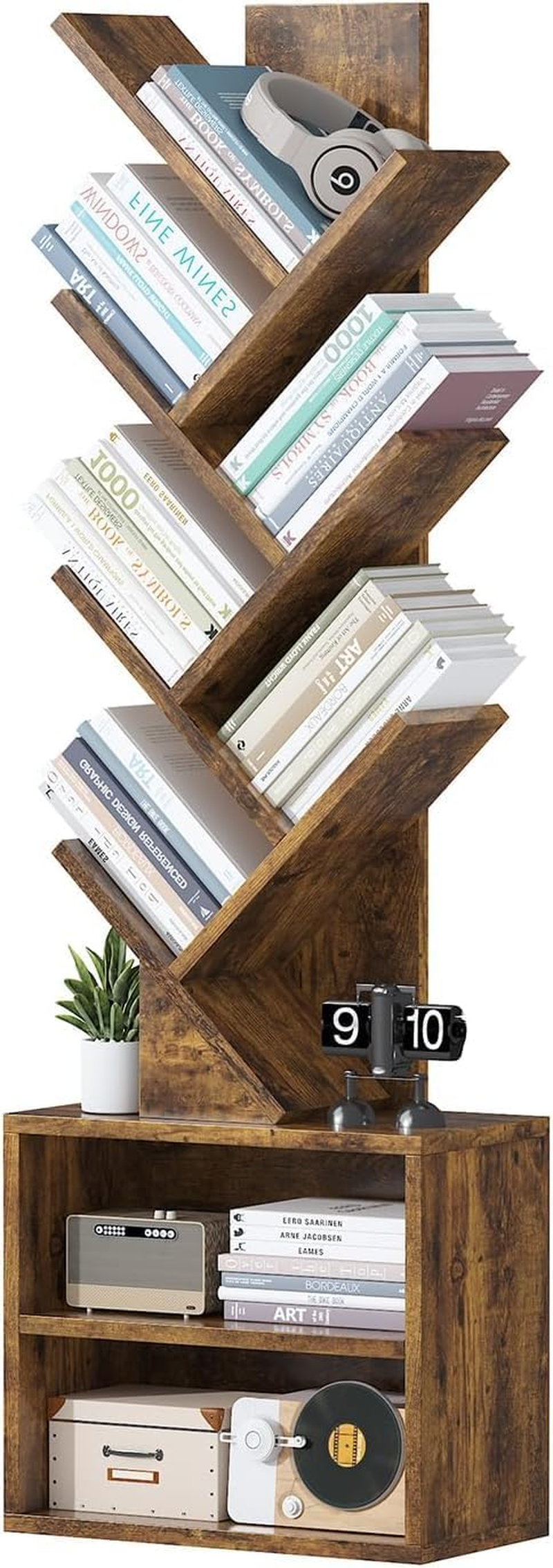 Tree Bookshelf, 6 Shelf Retro Floor Standing Bookcase, Tall Wood Book Storage Rack for Cds Movies Books, Utility Book Organizer Shelves for Bedroom, Living Room, Home Office, Rustic Brown image number 2