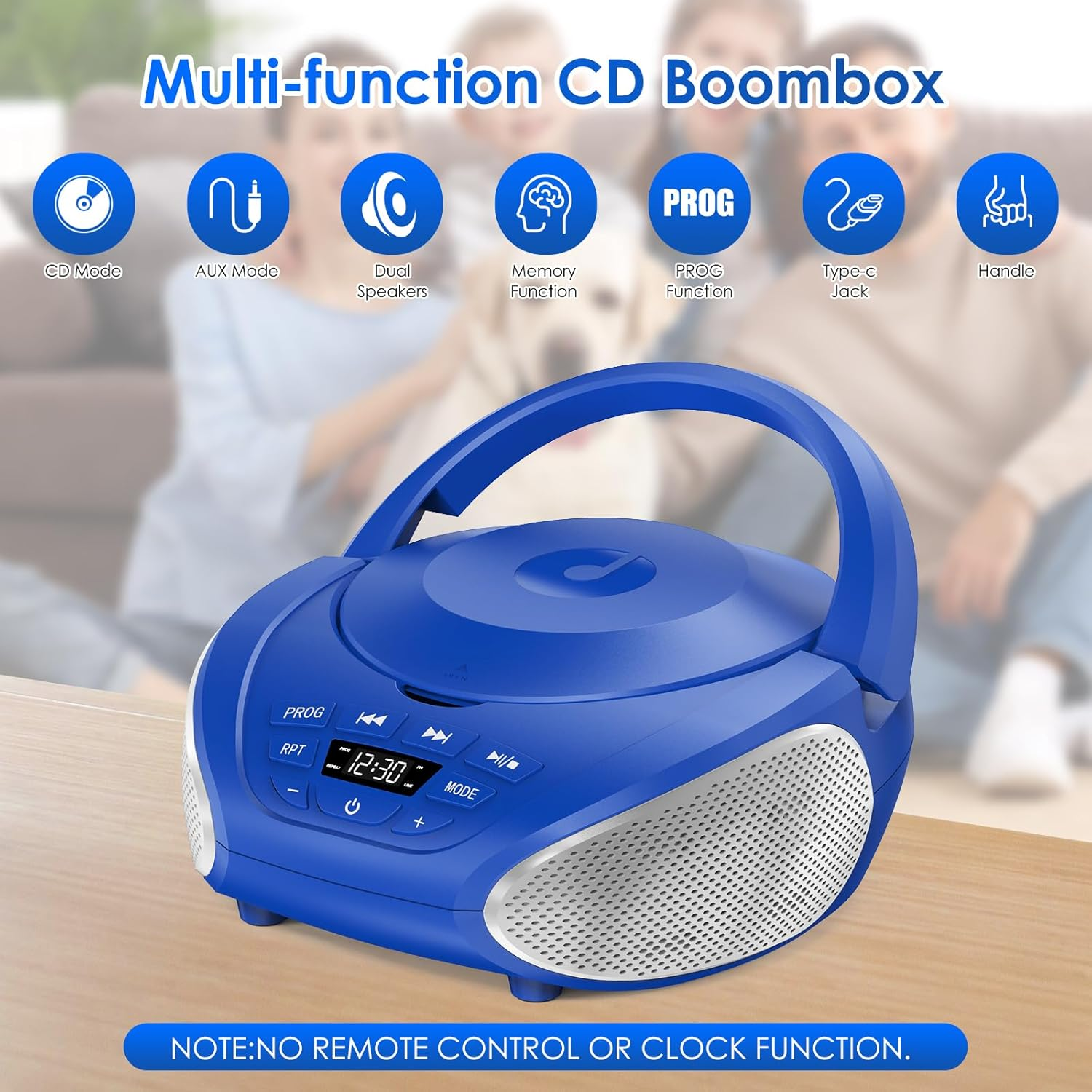 Gueray CD Player Boombox Stereo Sound Speaker with Bluetooth AM/FM Radio USB MP3 Playback 3.5Mm AUX Input Headphone Jack LCD Display(Blue+Silver) - Blue+Silver image number 3