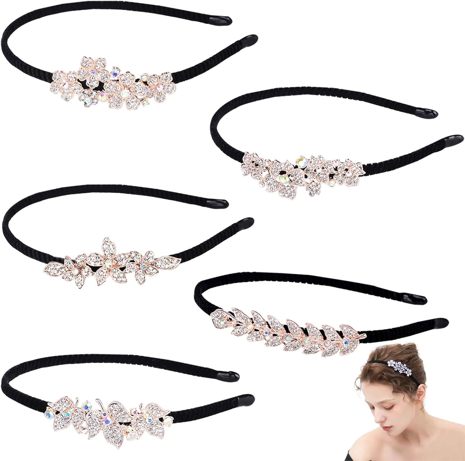 5 Pcs Crystal Hair Band for Women Headbands, Girl Fashion Hairband Flower Leaf Jewelry Rhinestone Head Hoop Cute Beaded Beauty Care Elegant Bling Headwear Accessory Wedding Bride image number 4